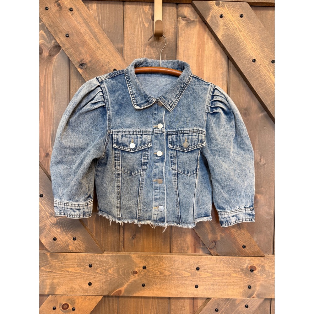 Unbranded Denim Jacket Women S Blue Puff Sleeve Acid Wash Cropped Raw Hem